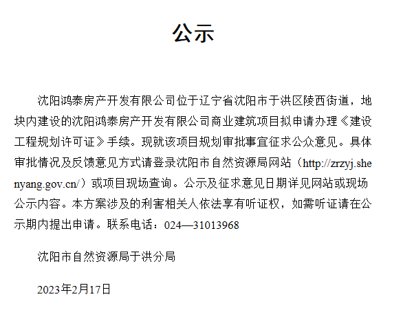 园浑南片区项目规划4.沈阳于洪区鸿泰房产开发有限公司商业建筑项目情况