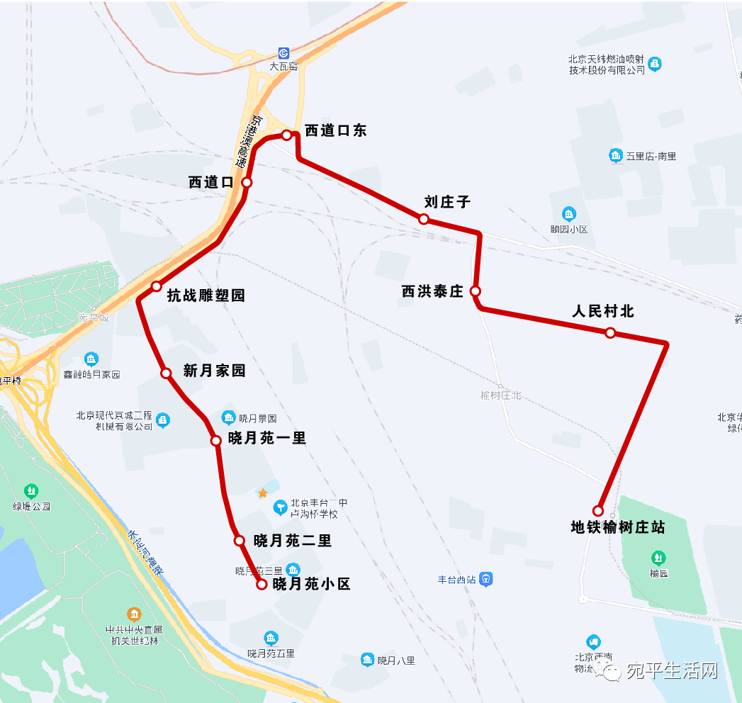 晓月苑二里→ 晓月苑一里→ 新月家园→ 抗战雕塑园→ 西道口→ 西