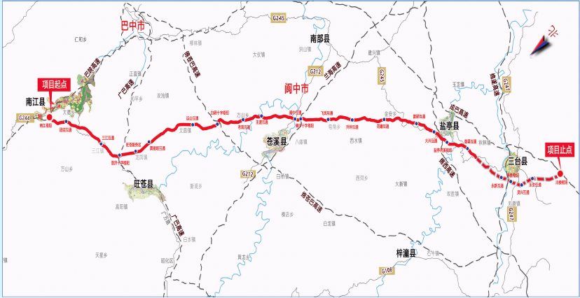 项目起于g85巴陕高速南江服务区,经巴中市南江县,广元市旺苍县,苍溪县