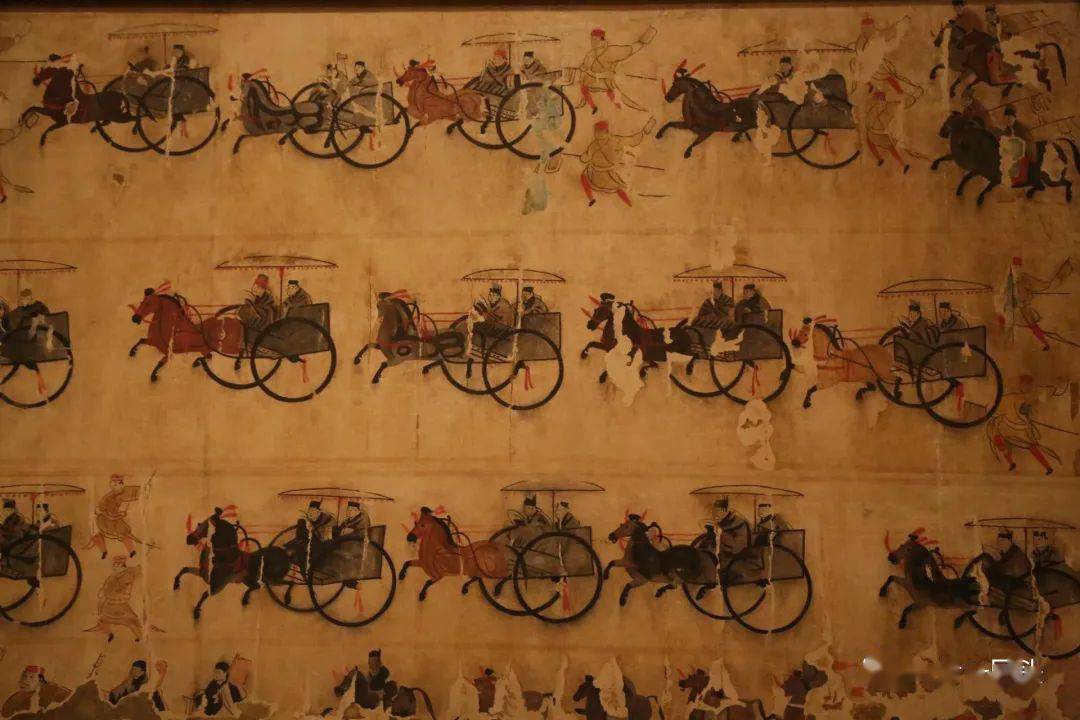 《车马出行画》壁画摹绘(东汉,河北安平东汉壁画墓)绿釉陶楼(东汉