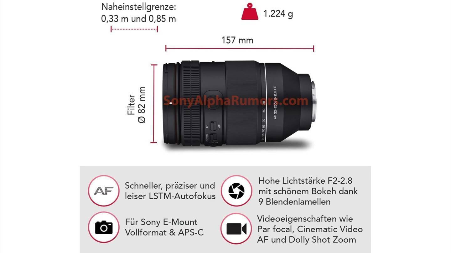 森养AF35-150mm F2-2.8 FE镜头参数曝光：长度为157mm 滤镜直径82mm