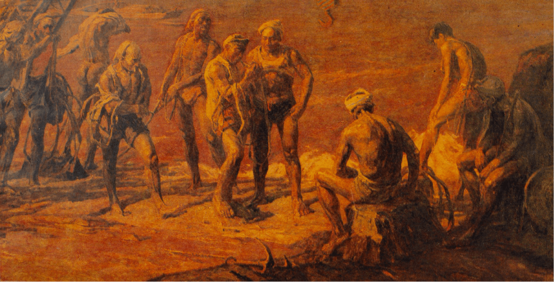 钟涵《望中犹记,晚潮明处》(原《纤夫·晚潮》改绘本),170×340cm,布