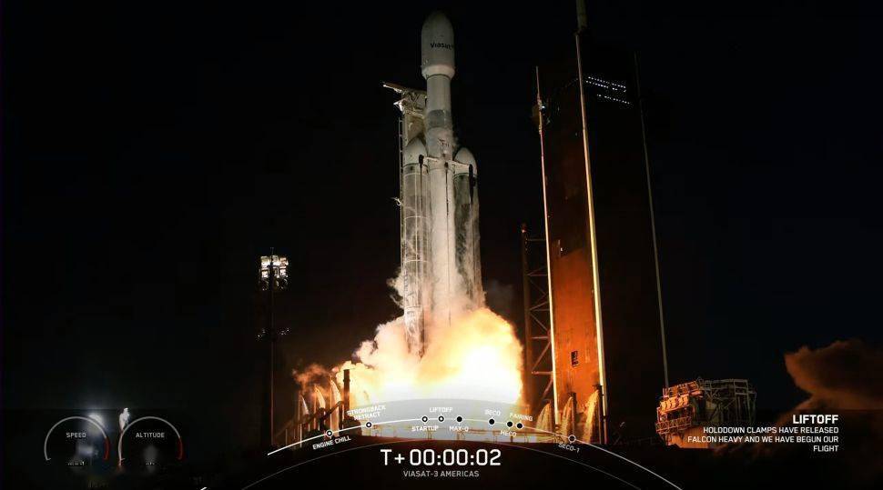 SpaceX猎鹰重型运载火箭将Viasat-3超高通量通信卫星发射升空 采用全消耗模式