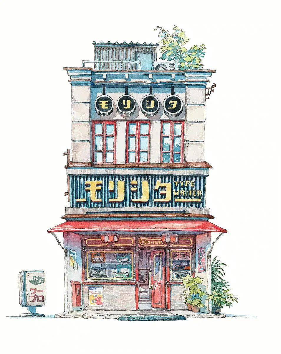 插画日式小店铺水彩作品欣赏~清新水彩建筑素材