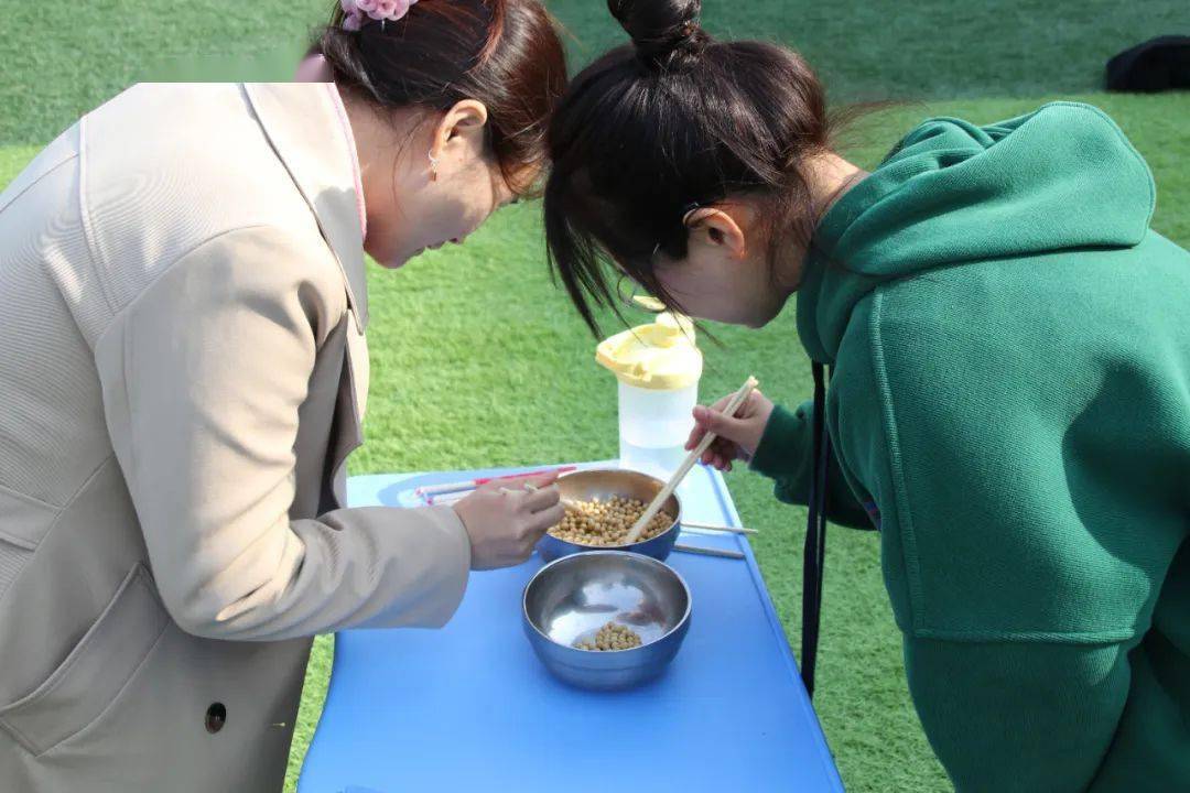 游戏规则:一人从盛有豆子的碗中用筷子夹起,放另一碗中10个豆子,此