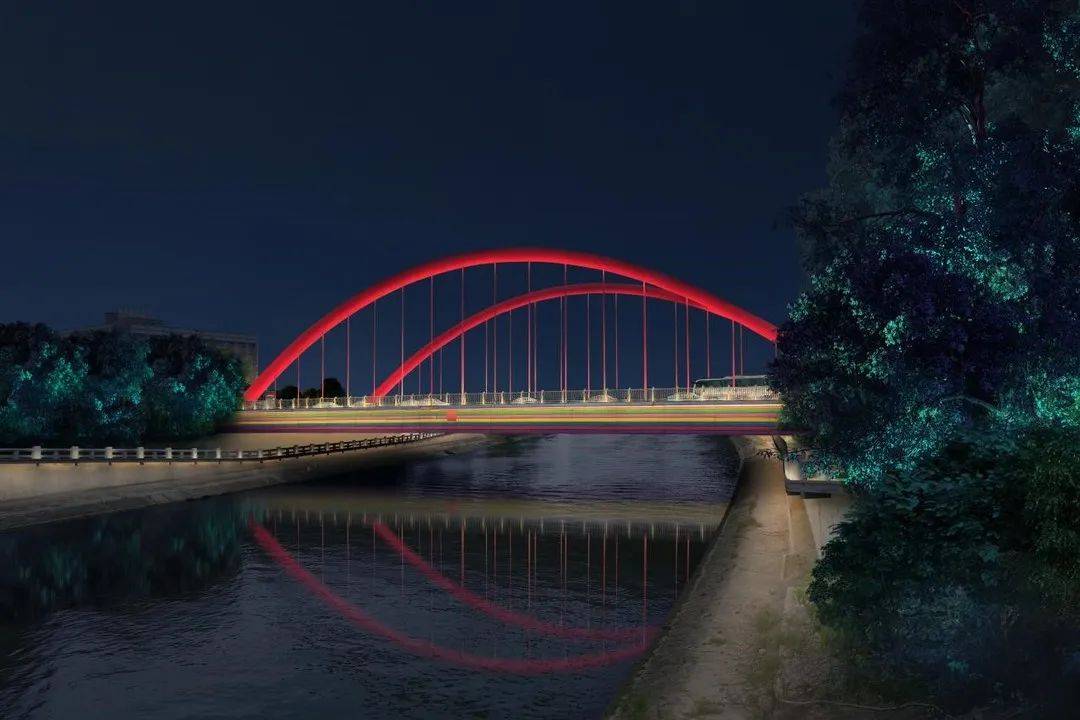 桥梁本身设计具有大跨度红色桥拱等现代元素,亮化设计时利用特殊混光