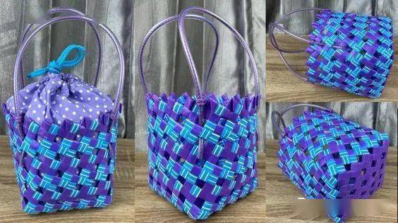 先用吸管编完一个收纳篮,然后用布做出里袋,之后套进去篮子用针线固定