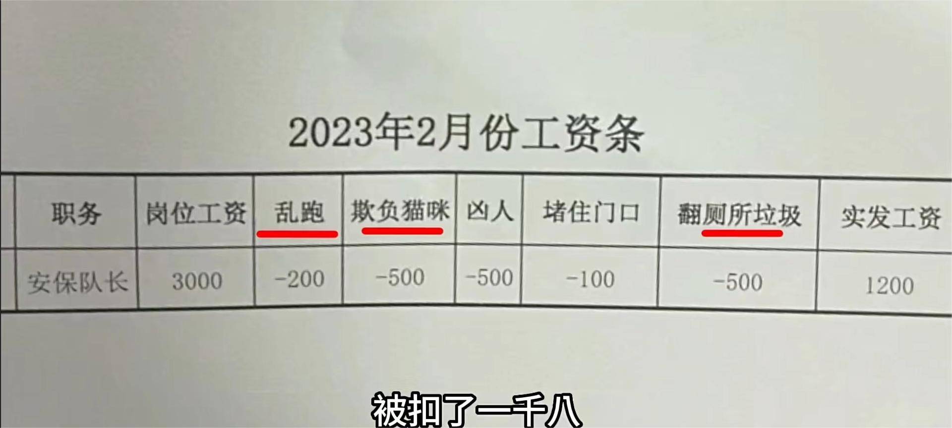 2023年2月份工资条中,"大美丽"职务为安保队长,每月薪资为3000元