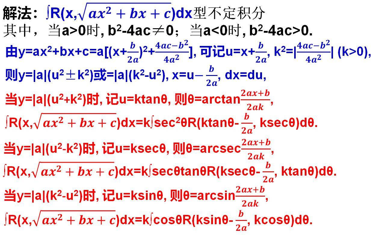 从而得到换元公式:∫r(x,√(ax^2 bx c))dx=k∫cosθr(ksinθ- b/(2a)
