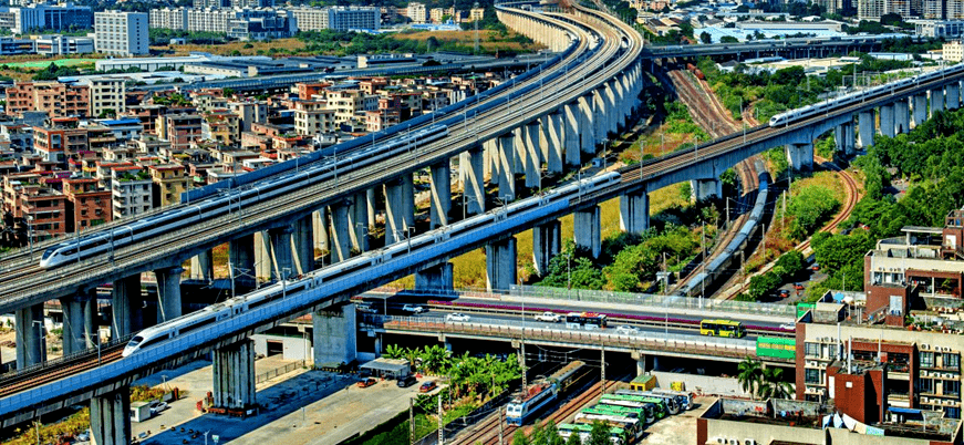 武广高铁,广清轻轨,迎宾路新都大桥立体交通枢纽景观(广州市花都区