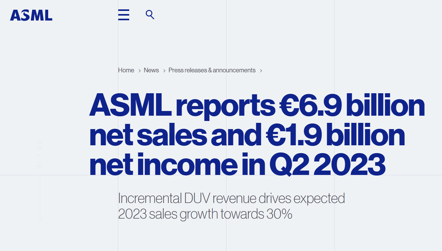光刻机巨头ASML第二季度净销售额69亿欧元 预期为66.9亿欧元