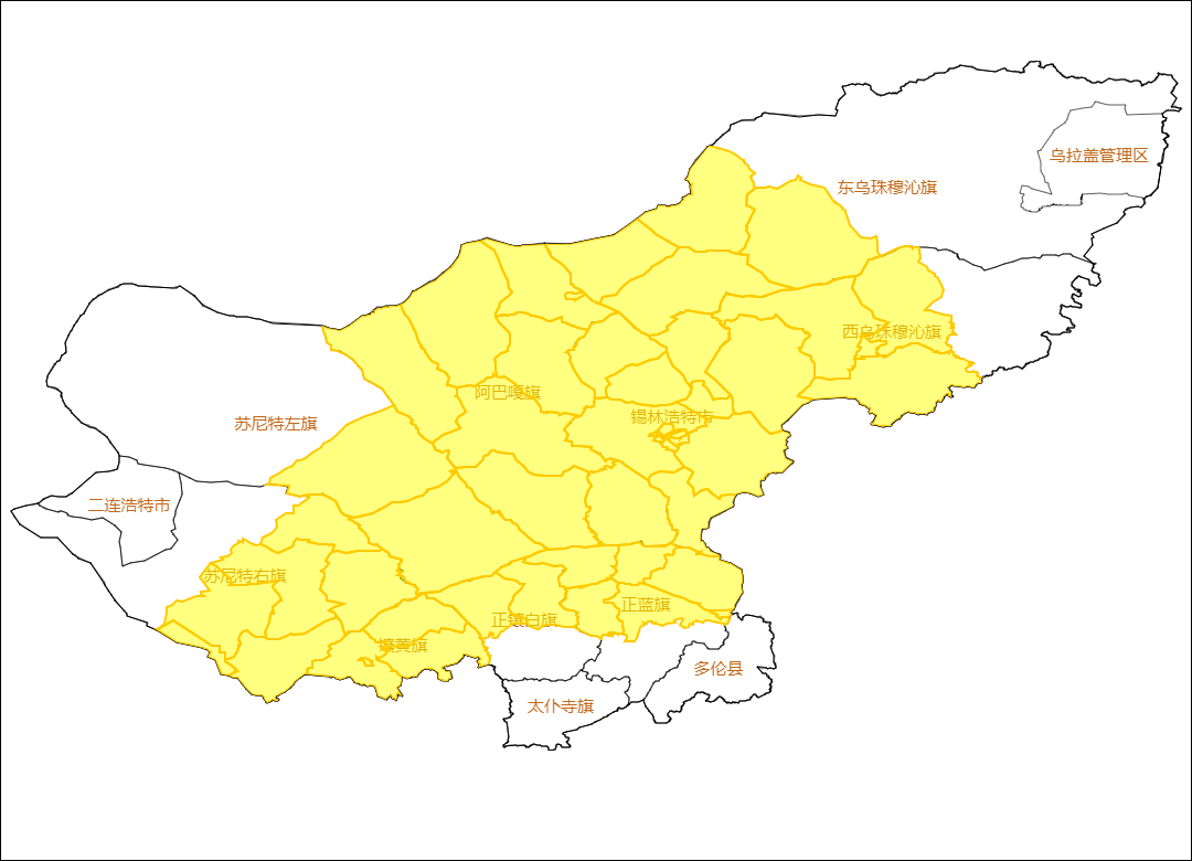 苏尼特左旗南部,苏尼特右旗南部,镶黄旗,正镶白旗北部,正蓝旗北部将