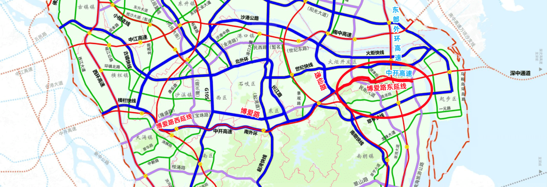中山市干线公路网规划(局部)博爱路东,西延线的规划和建设,将实现博爱