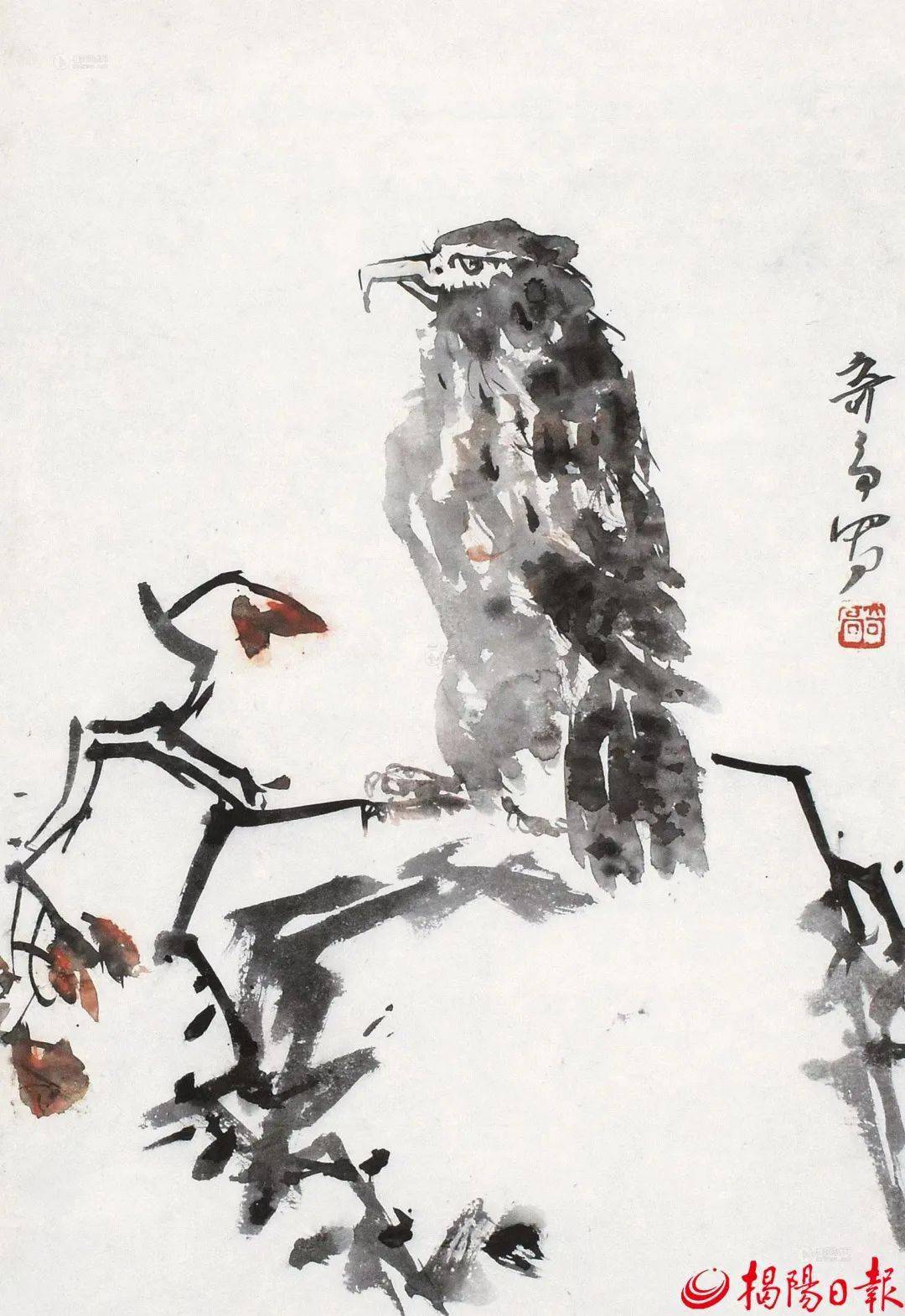 其花鸟画构图多变落笔洒脱大方或疏叶孤枝一鸟一雀或