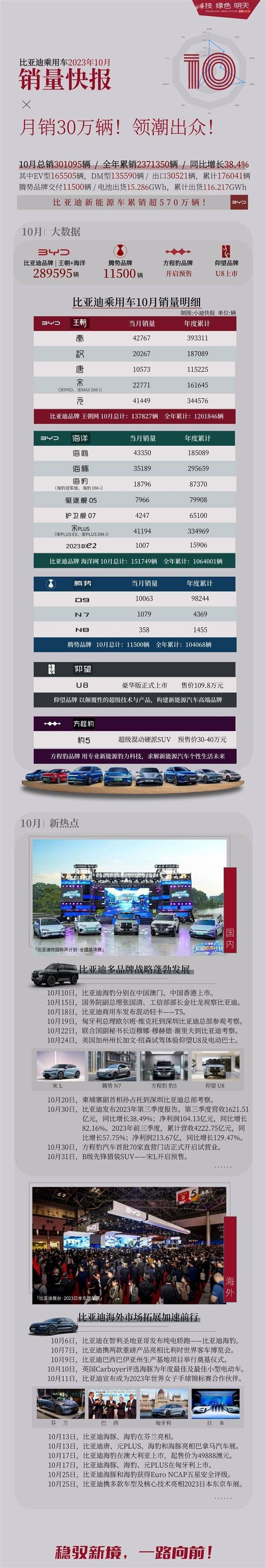 一骑绝尘！比亚迪10月销量首超30万辆：秦、宋、元、海鸥均超4万(图2)
