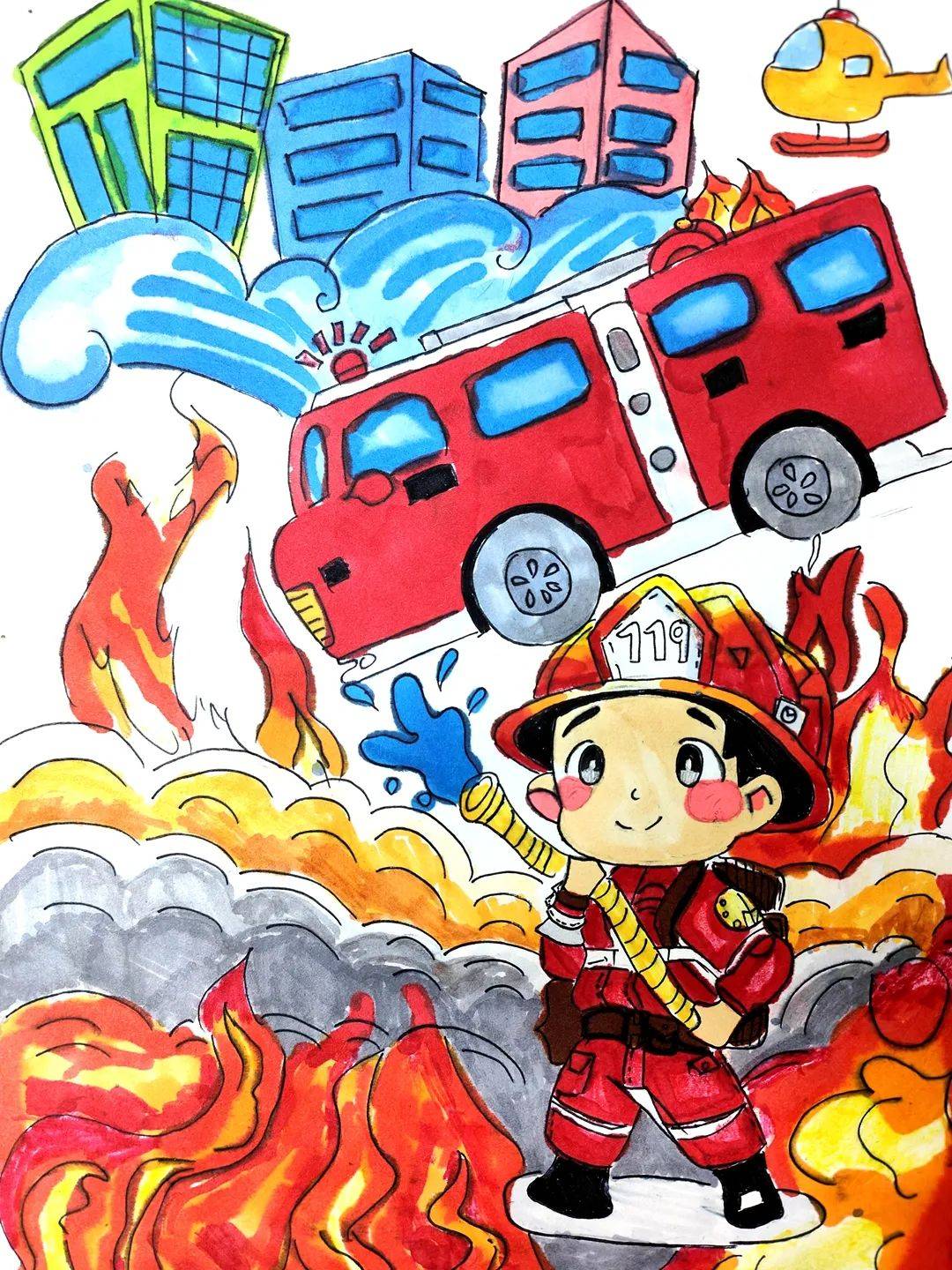 消防水彩绘画作品图片图片