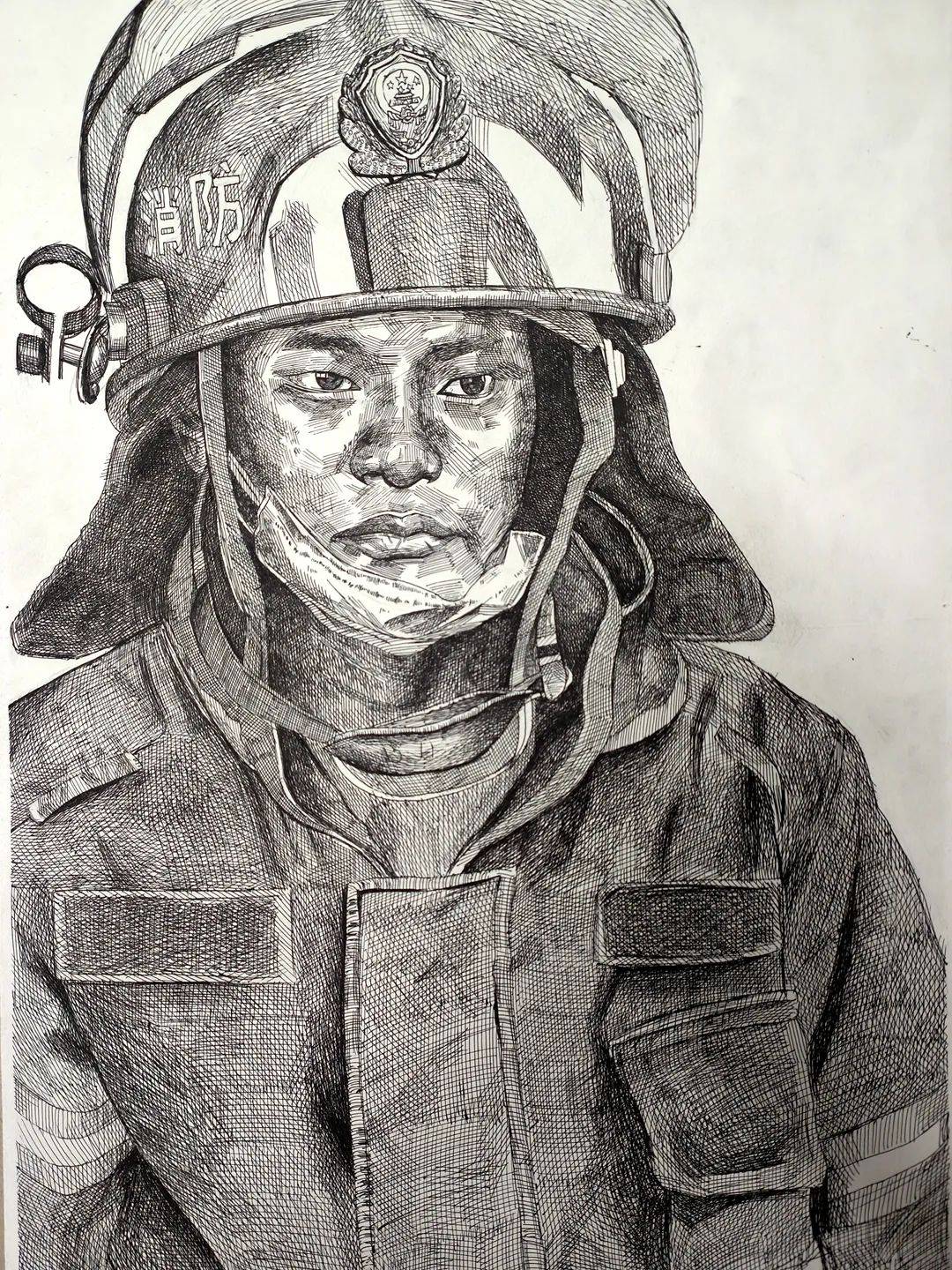 消防员素描 绘画图片