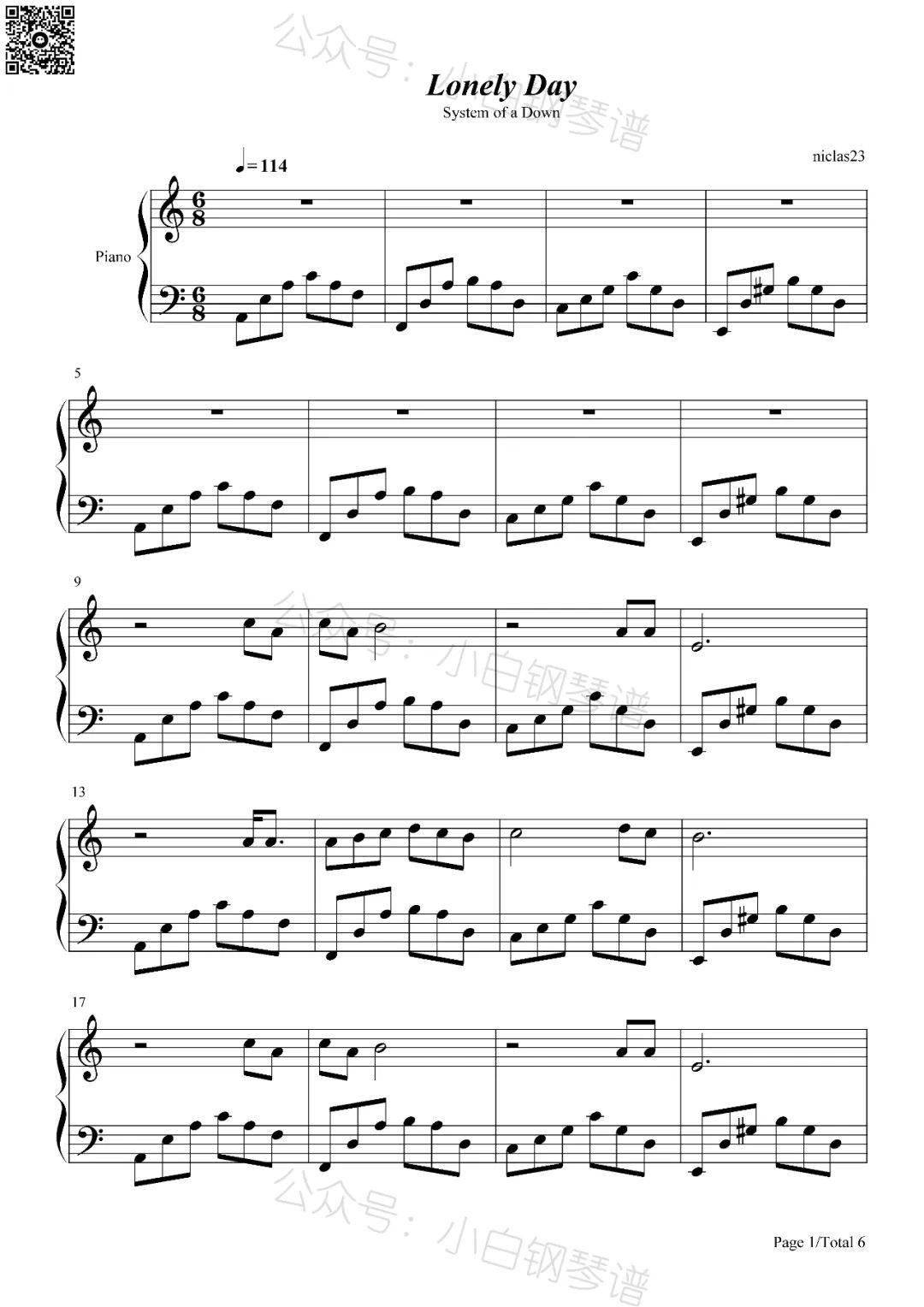 「琴谱|lonely day」《后窗惊魂》插曲-system of a down(含简谱)