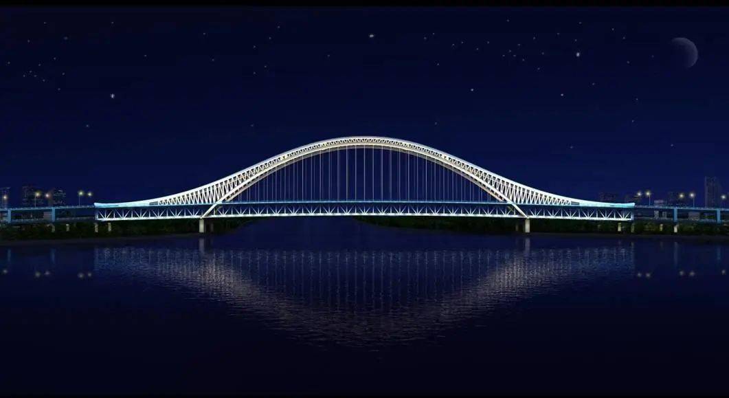 该项目采用双层桥面桁架式拱梁组合体系其中桁式选择三角桁造型柔美且