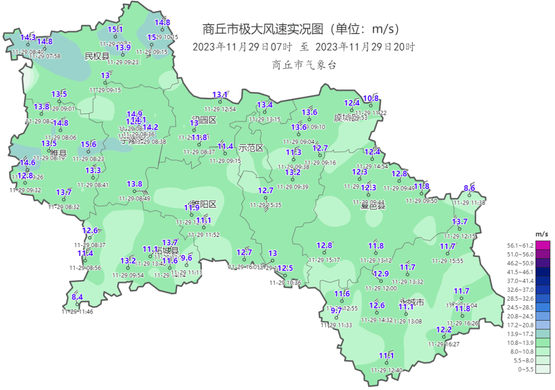 我市出現4級左右偏北風,陣風6～7級,極大風速出現在睢縣尤吉屯站15