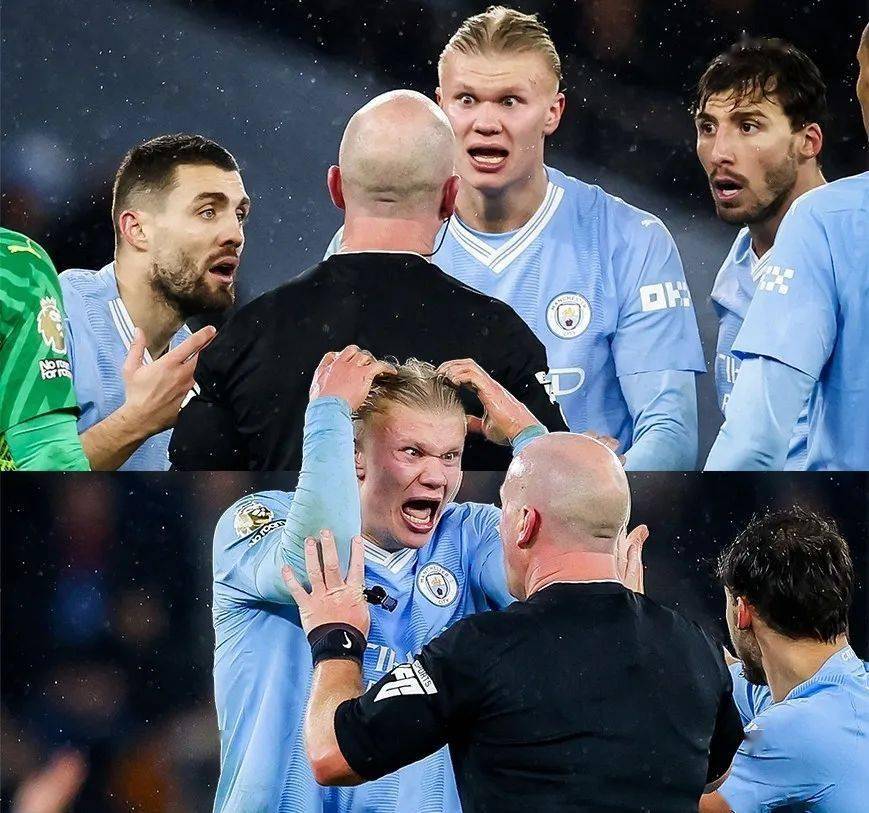 曼城众将围住裁判表达不满,哈兰德向西蒙-胡珀咆哮,面部表情狰狞,十分