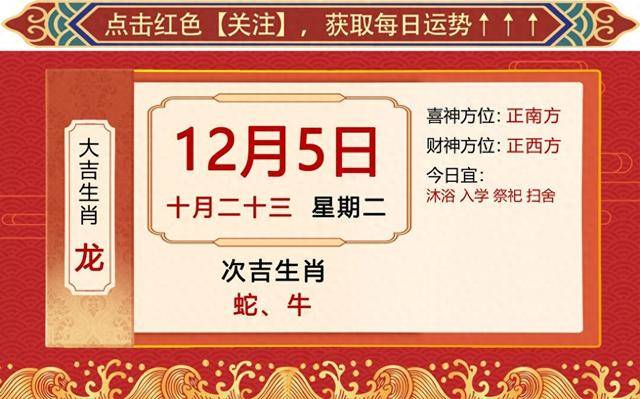 小运播报:2023年12月5日 星期二 农历:十月二十三红榜生肖:龙,蛇,牛