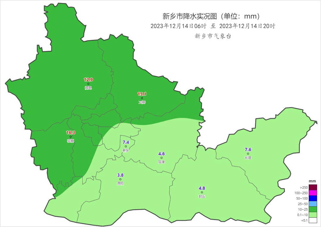 各國家站累計降水量(單位:毫米)依次為:獲嘉16.3,輝縣15.1,衛輝12.