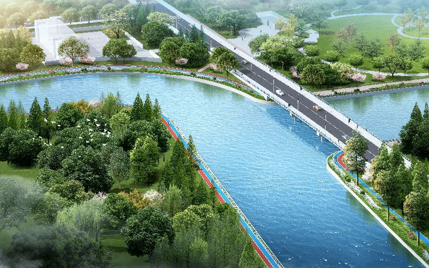 张泾河甪里桥位置效果图(供参考)张泾河南延伸工程与卫城河交汇处效果