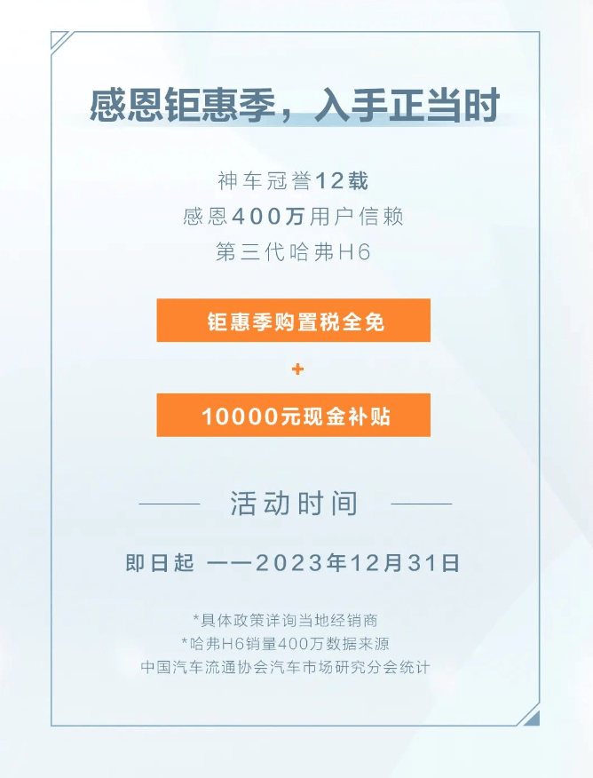     长城汽车第三代哈弗H6限时特惠：购置税全免+1万元现金补贴上市