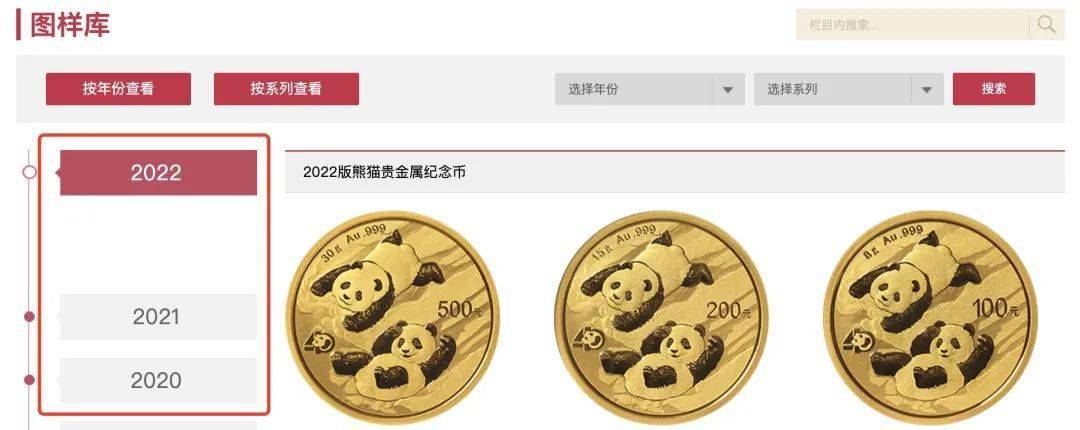 3点击网页上部"图样库"2登录中国金币网1因每年发行的纪念币项目数量