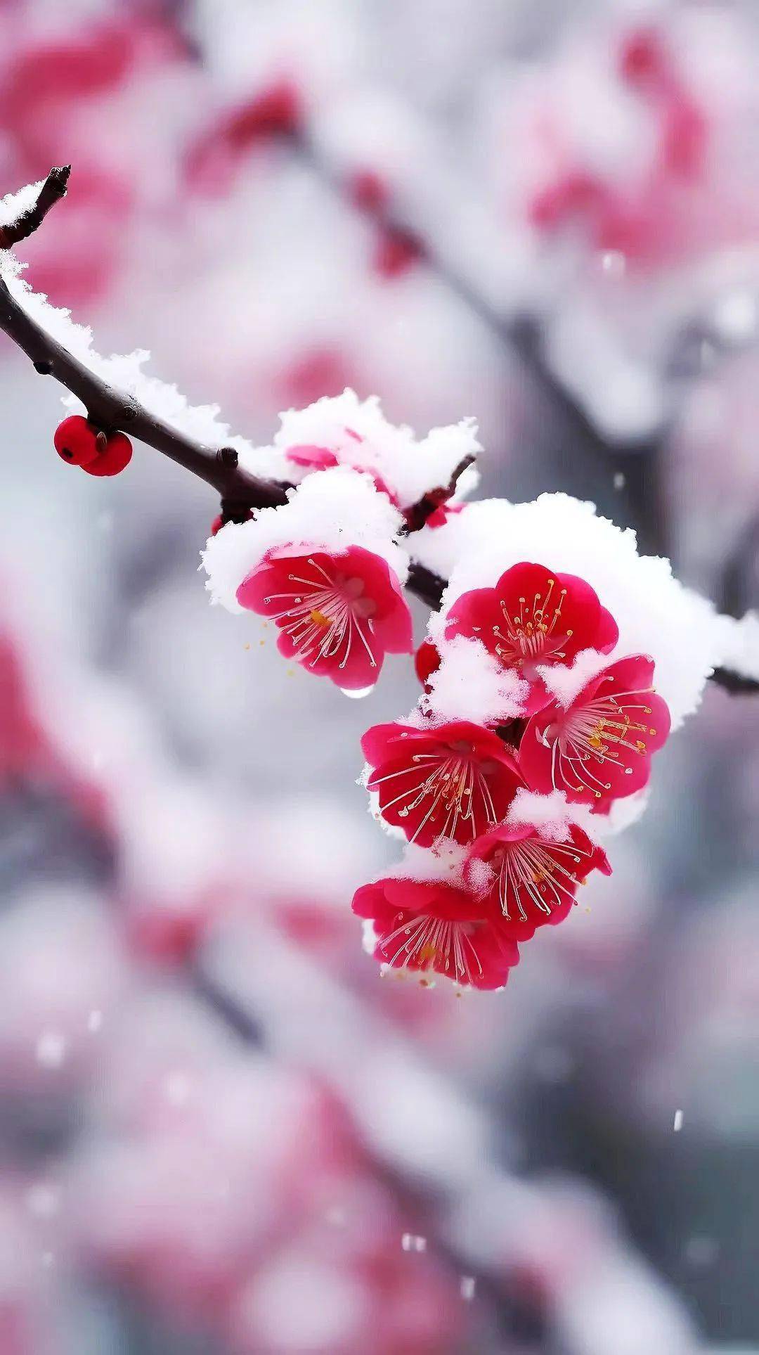 冰雪纷飞梅花红,玉树琼花香满径